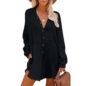 Button Down Tunic for Women Long Sleeve V Neck Blouse Shirt with Frayed Trim Relaxed Fit
