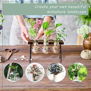 LESES Plant Propagation Stations Desktop Air Plant Terrarium, Glass Planter Bulb Glass Vase with Wood Stand Propagation Station for Hydroponics Plants Home Office Garden Decor Brown