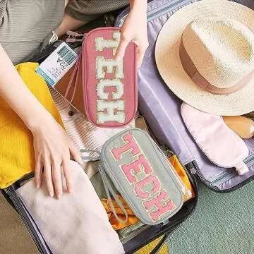 COSHAYSOO Electronics Accessories Organizer Bag with Chenille Letter Patch TECH for Women Travel Gifts, Traveling Essentials Compact Case Waterproof Must Have Pouch for Cord Charger Adapter (Gray)