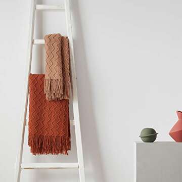 NexHome Throw Blankets for Couch Rust Decorative Knit Blanket with Tassel Fringe Soft Lightweight Zigzag Textured Boho Throws (50"x60" Rust Brown)