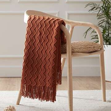 NexHome Throw Blankets for Couch Rust Decorative Knit Blanket with Tassel Fringe Soft Lightweight Zigzag Textured Boho Throws (50"x60" Rust Brown)