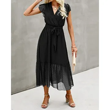 BTFBM Women Summer Bohemian Floral Casual Wrap V Neck Ruffle Cap Sleeveless Belt A-Line Pleated Hem ...