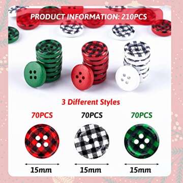 PAGOW 210Pcs Christmas Wooden Buttons, Buffalo Plaid Round Black Red White Green Buttons, 4 Holes Plaid Craft Buttons Bulk for Sewing DIY Decorations