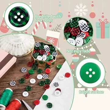 PAGOW 210Pcs Christmas Wooden Buttons, Buffalo Plaid Round Black Red White Green Buttons, 4 Holes Plaid Craft Buttons Bulk for Sewing DIY Decorations