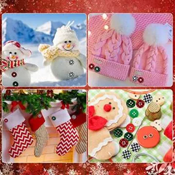 PAGOW 210Pcs Christmas Wooden Buttons, Buffalo Plaid Round Black Red White Green Buttons, 4 Holes Plaid Craft Buttons Bulk for Sewing DIY Decorations