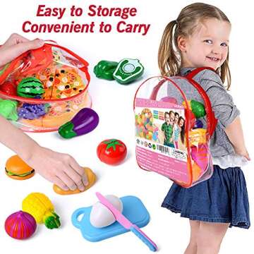 73PCS Cutting Play Food for Kids Kitchen Toys Food Cutting Fruits and Vegetables Accessories Xmas Gifts Toys for Toddlers Boys Girls with Storage Bag