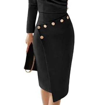 Lrady Women's Deep V Neck Casual Work Bodycon Long Sleeve Party Pencil Midi Dress, Black, Medium