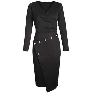 Lrady Women's Deep V Neck Casual Work Bodycon Long Sleeve Party Pencil Midi Dress, Black, Medium
