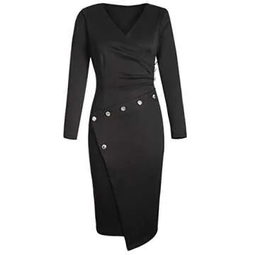 Lrady Women's Deep V Neck Casual Work Bodycon Long Sleeve Party Pencil Midi Dress, Black, Medium