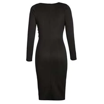 Lrady Women's Deep V Neck Casual Work Bodycon Long Sleeve Party Pencil Midi Dress, Black, Medium