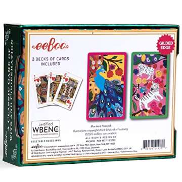 eeBoo: Piece and Love Monika's Peacock Bridge Playing Card Set (2 Decks), 54 Playing Cards in Each Deck, Old School Fun, for Ages 14 and up