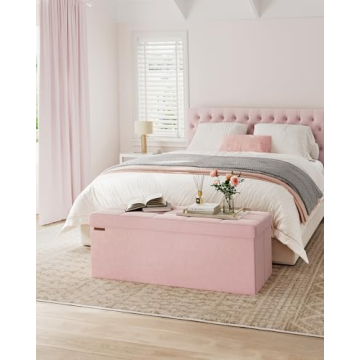 SONGMICS Storage Ottoman Bench, Foldable Ottoman Foot Rest, 15 x 43 x 15 Inches, End of Bed Bench, Storage Chest, Load up to 660 lb, for Living Room, Bedroom, Entryway, Jelly Pink ULSF277R01