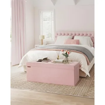 SONGMICS Storage Ottoman Bench, Foldable Ottoman Foot Rest, 15 x 43 x 15 Inches, End of Bed Bench, Storage Chest, Load up to 660 lb, for Living Room, Bedroom, Entryway, Jelly Pink ULSF277R01