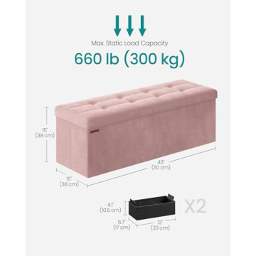 SONGMICS Storage Ottoman Bench, Foldable Ottoman Foot Rest, 15 x 43 x 15 Inches, End of Bed Bench, Storage Chest, Load up to 660 lb, for Living Room, Bedroom, Entryway, Jelly Pink ULSF277R01
