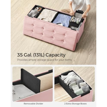 SONGMICS Storage Ottoman Bench, Foldable Ottoman Foot Rest, 15 x 43 x 15 Inches, End of Bed Bench, Storage Chest, Load up to 660 lb, for Living Room, Bedroom, Entryway, Jelly Pink ULSF277R01