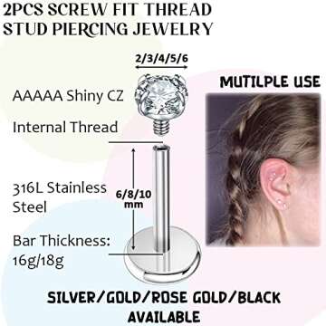 PunkTracker 16g/18g Surgical Steel Internal Thread CZ Stud Piercing Jewelry for Tragus/Nose/Helix/Co...