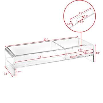 Ikee Design Large Premium 2 Tier Acrylic Monitor Stand, Monitor Riser, Computer Stand ,Laptop Stand with with Phone Holder , Keyboard Storage for Home Office Business ,20 W x 7.5 D x 4.8 H in, Clear