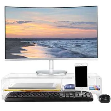 Ikee Design Large Premium 2 Tier Acrylic Monitor Stand, Monitor Riser, Computer Stand ,Laptop Stand with with Phone Holder , Keyboard Storage for Home Office Business ,20 W x 7.5 D x 4.8 H in, Clear