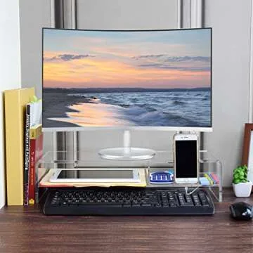 Ikee Design Large Premium 2 Tier Acrylic Monitor Stand, Monitor Riser, Computer Stand ,Laptop Stand with with Phone Holder , Keyboard Storage for Home Office Business ,20 W x 7.5 D x 4.8 H in, Clear