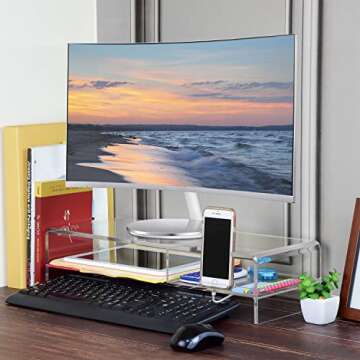 Ikee Design Large Premium 2 Tier Acrylic Monitor Stand, Monitor Riser, Computer Stand ,Laptop Stand with with Phone Holder , Keyboard Storage for Home Office Business ,20 W x 7.5 D x 4.8 H in, Clear
