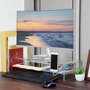 Ikee Design Large Premium 2 Tier Acrylic Monitor Stand, Monitor Riser, Computer Stand ,Laptop Stand with with Phone Holder , Keyboard Storage for Home Office Business ,20 W x 7.5 D x 4.8 H in, Clear