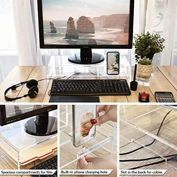 Ikee Design Large Premium 2 Tier Acrylic Monitor Stand, Monitor Riser, Computer Stand ,Laptop Stand with with Phone Holder , Keyboard Storage for Home Office Business ,20 W x 7.5 D x 4.8 H in, Clear