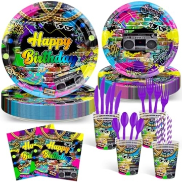 Avezano 192 Pcs 80’s Party Tableware Set 80s Birthday Hip Hop Party Table Decorations Supplies Ret...
