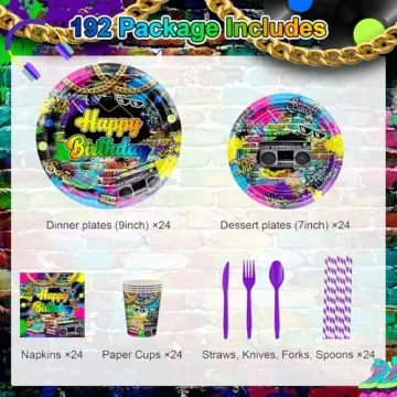 Vibrant 80s Party Tableware Set for 24 Guests