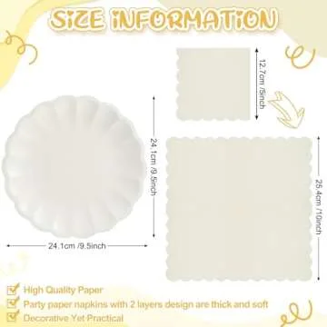 Newtay 100 Pcs Cream Scalloped Paper Plates and Napkins Set Include 50 Pcs 9.5 Inch Large Scalloped ...