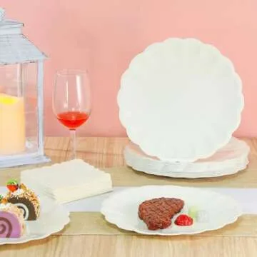 Newtay 100 Pcs Cream Scalloped Paper Plates and Napkins Set Include 50 Pcs 9.5 Inch Large Scalloped Plates 50 Disposable Napkins 5 x 5 Inch for Birthday Dinner Wedding Picnic Party Supplies
