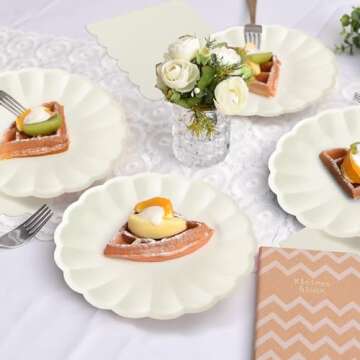 Newtay 100 Pcs Cream Scalloped Paper Plates and Napkins Set Include 50 Pcs 9.5 Inch Large Scalloped Plates 50 Disposable Napkins 5 x 5 Inch for Birthday Dinner Wedding Picnic Party Supplies