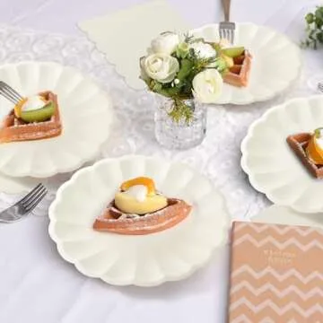 Newtay 100 Pcs Cream Scalloped Paper Plates and Napkins Set Include 50 Pcs 9.5 Inch Large Scalloped Plates 50 Disposable Napkins 5 x 5 Inch for Birthday Dinner Wedding Picnic Party Supplies