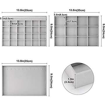 ProCase 3 Stackable Jewelry Trays Organizer Set for Drawers, Jewellery Drawer Insert Divider Jewel Display Storage with Removable Dividers for Earring Necklace Bracelet -Grey
