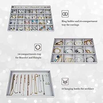 ProCase 3 Stackable Jewelry Trays Organizer Set for Drawers, Jewellery Drawer Insert Divider Jewel Display Storage with Removable Dividers for Earring Necklace Bracelet -Grey