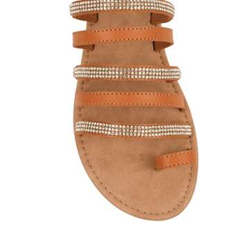 BENEKER Women's Strappy Slide Sandals Rhinestone Open Toe Gladiator Flat Sandals Slip On Toe Ring Slide Casual Summer Beach Sandals Brown 10