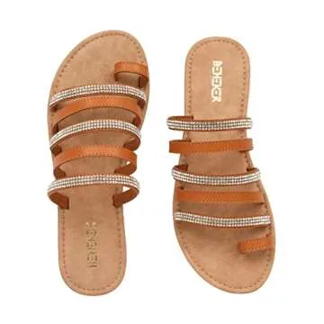 BENEKER Women's Strappy Slide Sandals Rhinestone Open Toe Gladiator Flat Sandals Slip On Toe Ring Slide Casual Summer Beach Sandals Brown 10