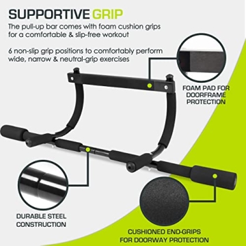 ProsourceFit Multi-Grip Lite Pull Up/Chin Up Bar, Heavy Duty Doorway Upper Body Workout Bar For Home Gyms 24”-32”