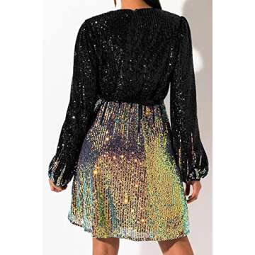 828 - Plus Size Long Sleeves Wrapped V Neck Sequins Skater Style Cocktail Evening Club Dress (Black Gold, M)