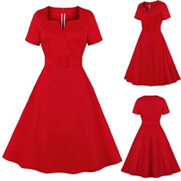 JFLYOU Dress,Women's Short Sleeve Striped Bow Tie Belt Retro Swing Dress(Red1,S)
