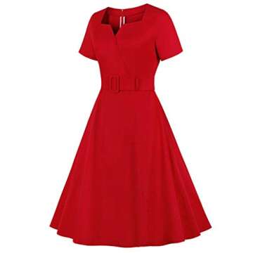 JFLYOU Dress,Women's Short Sleeve Striped Bow Tie Belt Retro Swing Dress(Red1,S)