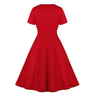 JFLYOU Dress,Women's Short Sleeve Striped Bow Tie Belt Retro Swing Dress(Red1,S)