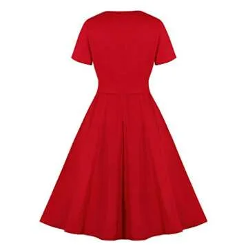 JFLYOU Dress,Women's Short Sleeve Striped Bow Tie Belt Retro Swing Dress(Red1,S)