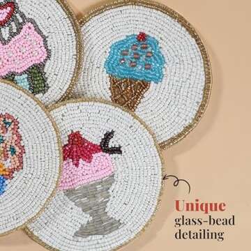 Folkulture Coasters for Drinks, Pack of 4 Farmhouse Coasters, 4" Round Cute Boho Coasters for Coffee Table Décor, Modern Bar Coasters or Beaded Rustic Coasters for Table