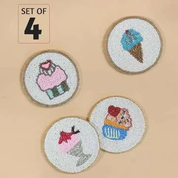 Folkulture Coasters for Drinks, Pack of 4 Farmhouse Coasters, 4" Round Cute Boho Coasters for Coffee Table Décor, Modern Bar Coasters or Beaded Rustic Coasters for Table