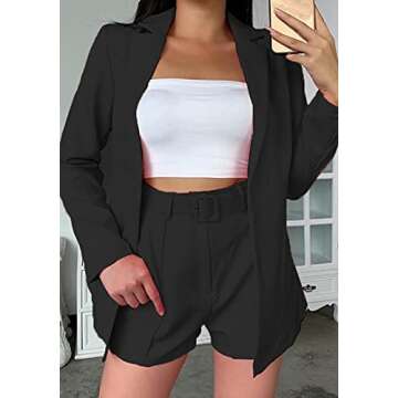 2 Piece Blazer Sets for Women Long Sleeve Open Front Blazer + Shorts Bottoms with Belt Business Suit...