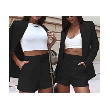 2 Piece Blazer Sets for Women Long Sleeve Open Front Blazer + Shorts Bottoms with Belt Business Suit Sets Black