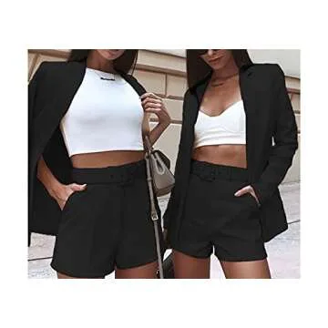 2 Piece Blazer Sets for Women Long Sleeve Open Front Blazer + Shorts Bottoms with Belt Business Suit Sets Black