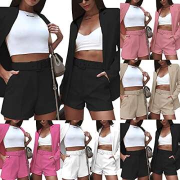 2 Piece Blazer Sets for Women Long Sleeve Open Front Blazer + Shorts Bottoms with Belt Business Suit Sets Black