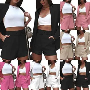 2 Piece Blazer Sets for Women Long Sleeve Open Front Blazer + Shorts Bottoms with Belt Business Suit Sets Black