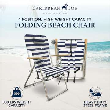 Caribbean Joe, 4 Position Folding Beach Portable Backpack Foldable Camping Chair with Headrest, Cup Holder, and Wooden Armrests, Navy/White